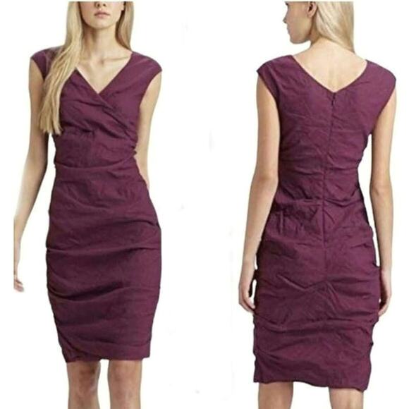 Eileen Fisher V Neck Sleeveless Shirred Cotton Silk Purple Midi Dress Size 10 - Picture 15 of 16